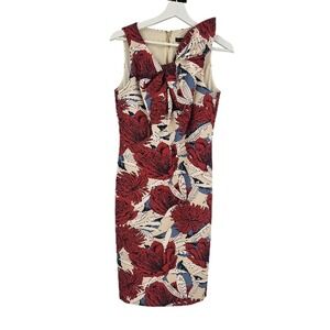 Abbey Glass Shift Dress Red Cream Floral Back Zip V-neck Sleeveless Midi Size S